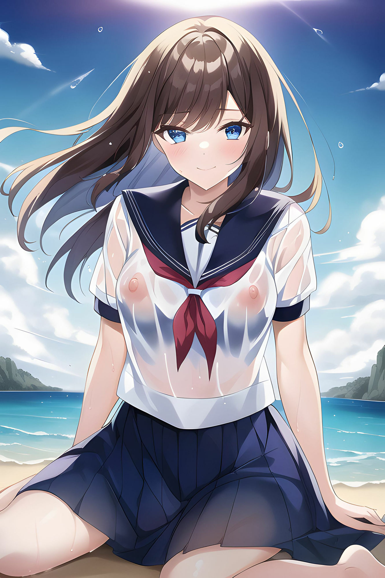 海辺の濡れ透けJK