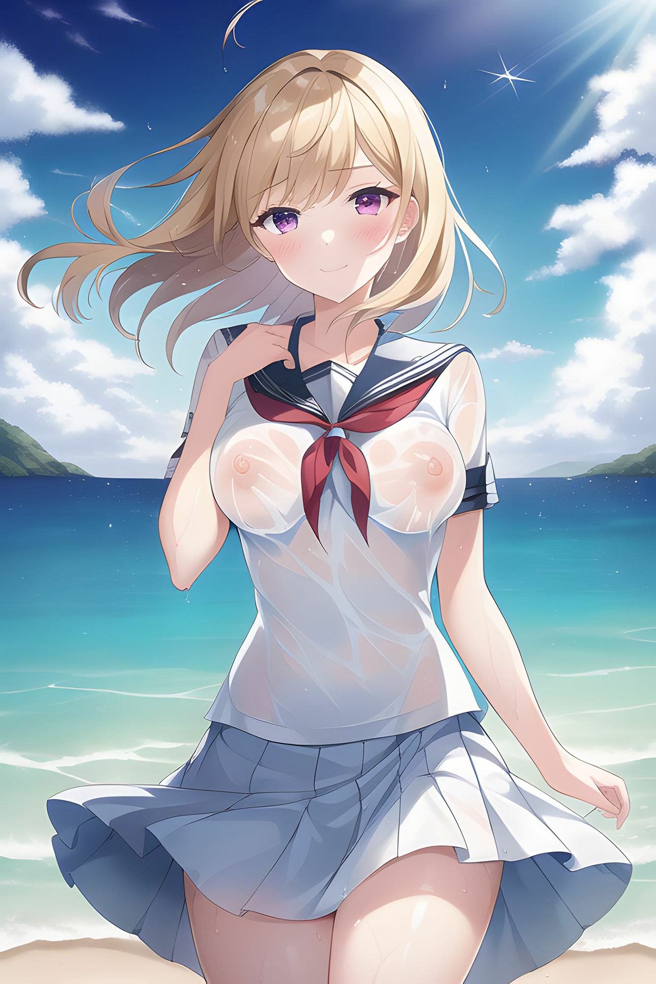 海辺の濡れ透けJK