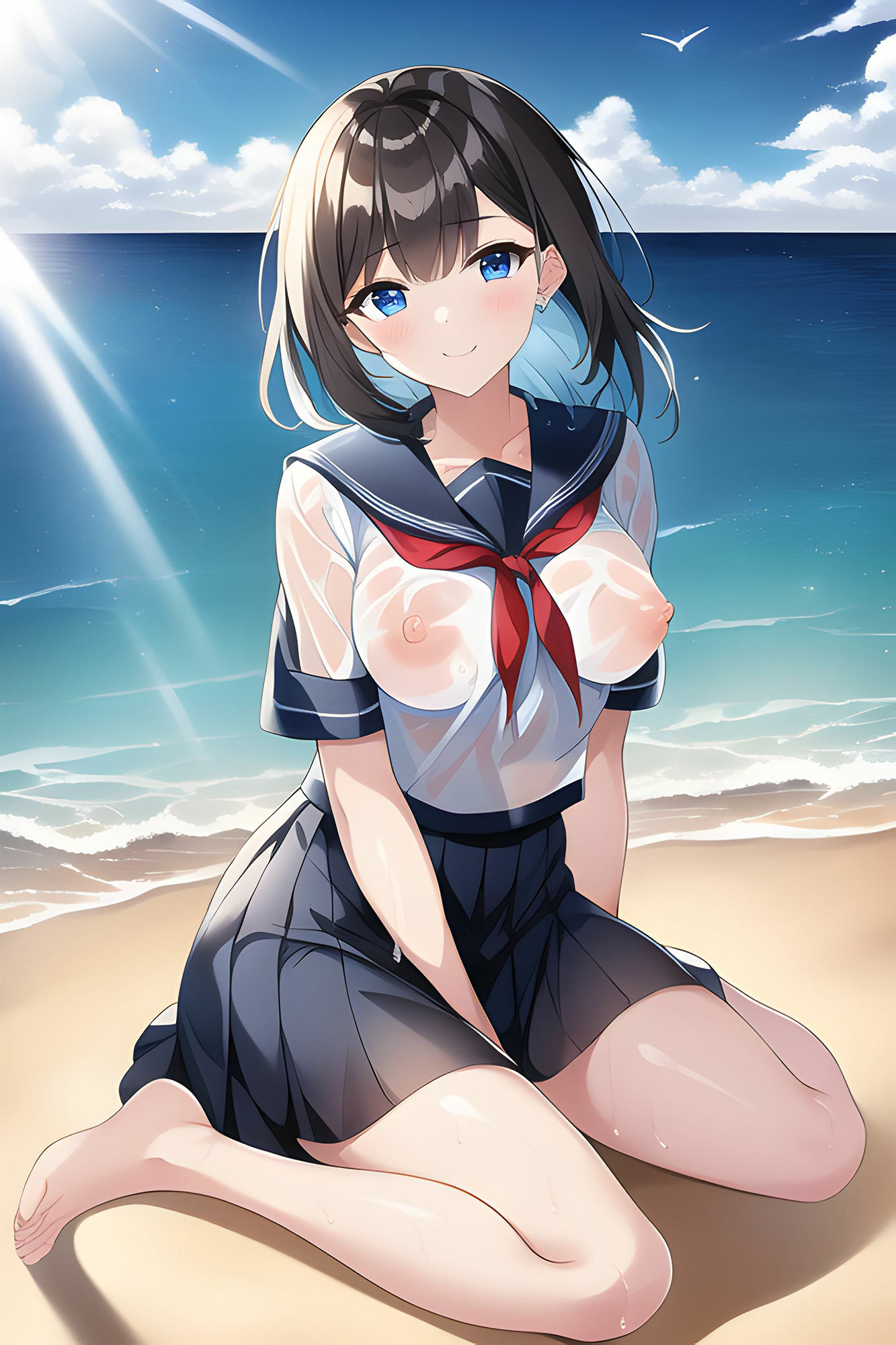 海辺の濡れ透けJK