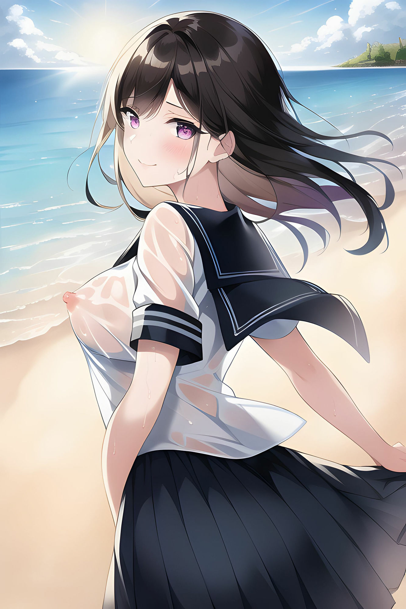 海辺の濡れ透けJK