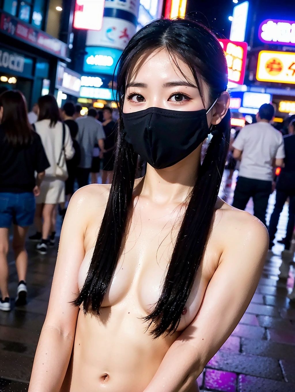 AIヌード写真集 全裸マスク女子は夜の街に立つ。