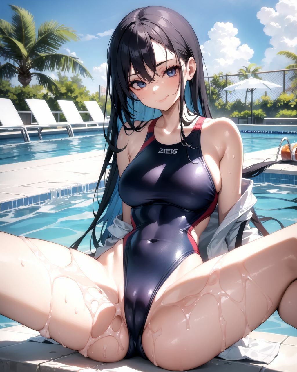 ハイレグ競泳水着の同級生が股をひろげて誘惑してくるイラスト集