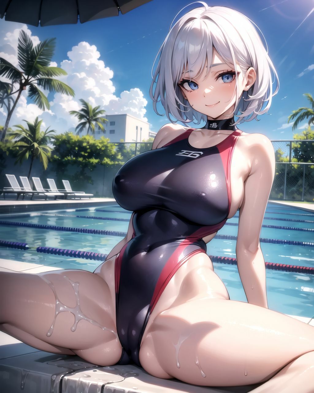 ハイレグ競泳水着の同級生が股をひろげて誘惑してくるイラスト集