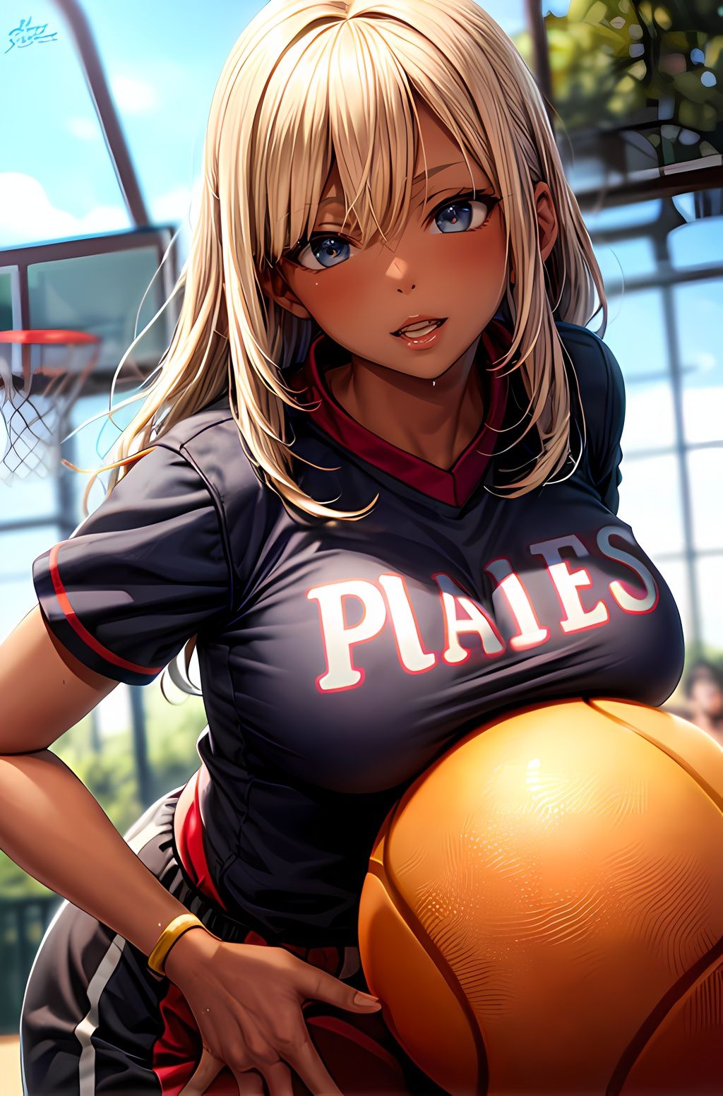 校舎のシルエットに映る瞬間: 金髪の黒ギャル、スポーツと校舎の間で