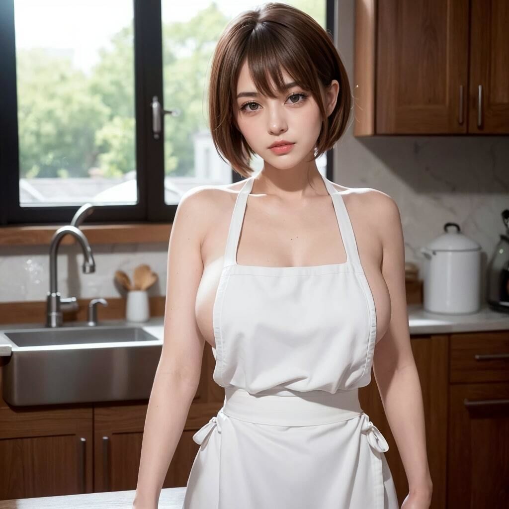 ショートカット巨乳美女の裸エプロン写真