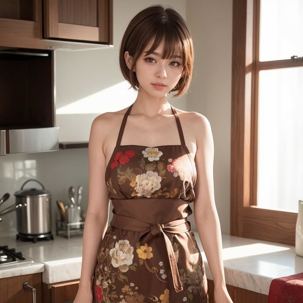 ショートカット巨乳美女の裸エプロン写真