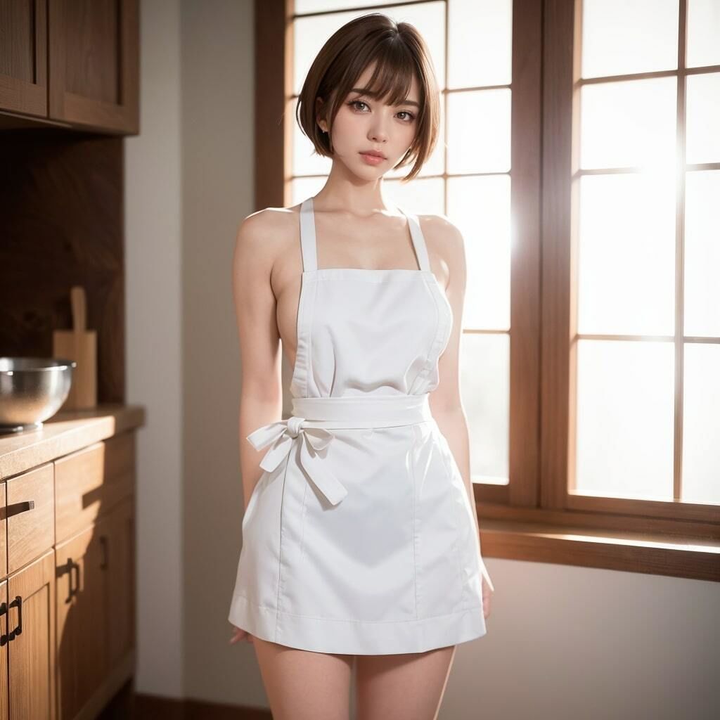 ショートカット巨乳美女の裸エプロン写真