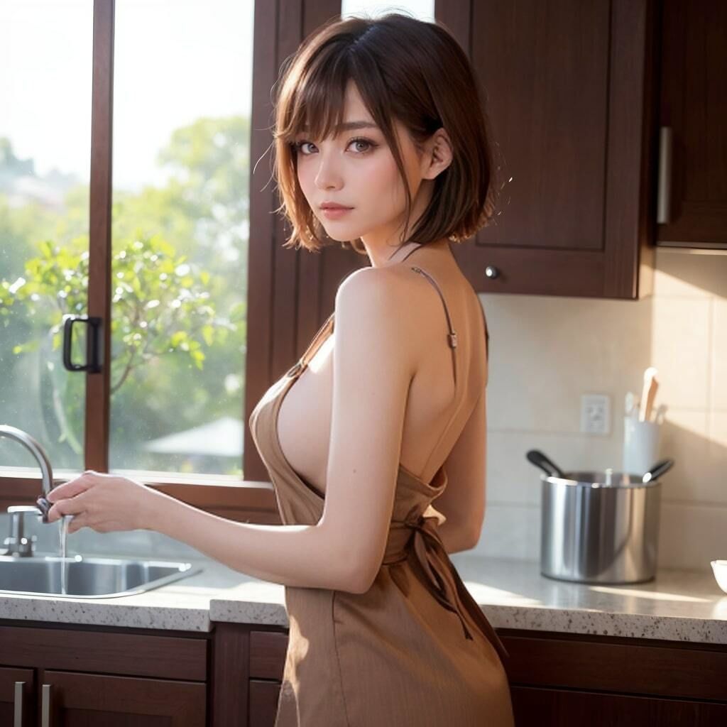 ショートカット巨乳美女の裸エプロン写真