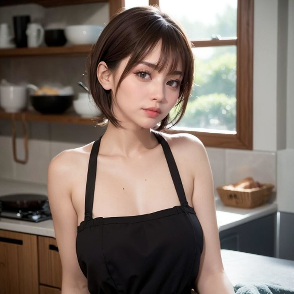 ショートカット巨乳美女の裸エプロン写真