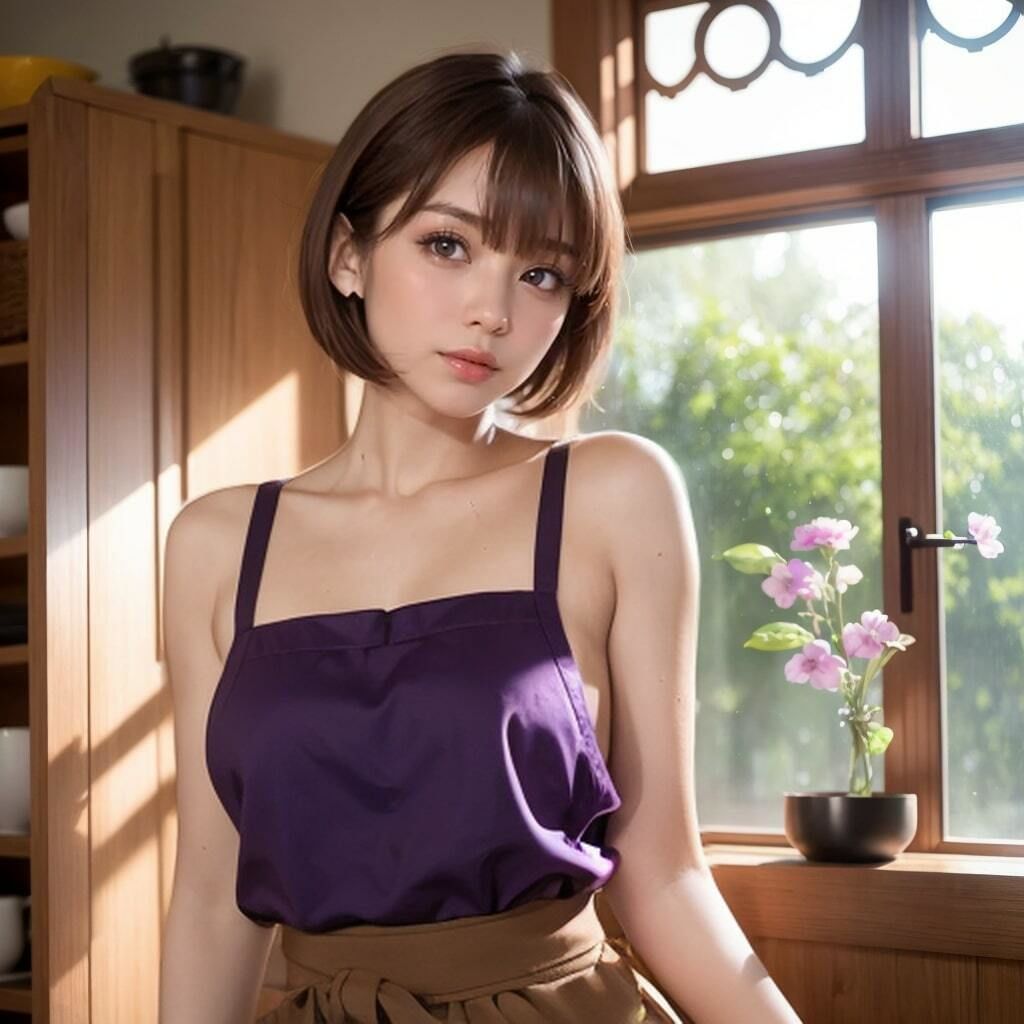 ショートカット巨乳美女の裸エプロン写真
