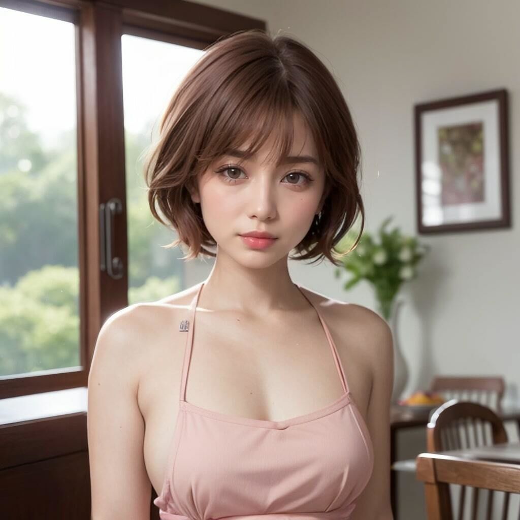 ショートカット巨乳美女の裸エプロン写真