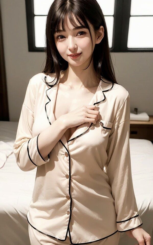 パジャマを徐々に脱がされちゃう巨乳美女のヌード写真集【AI妄想グラビア写真集】