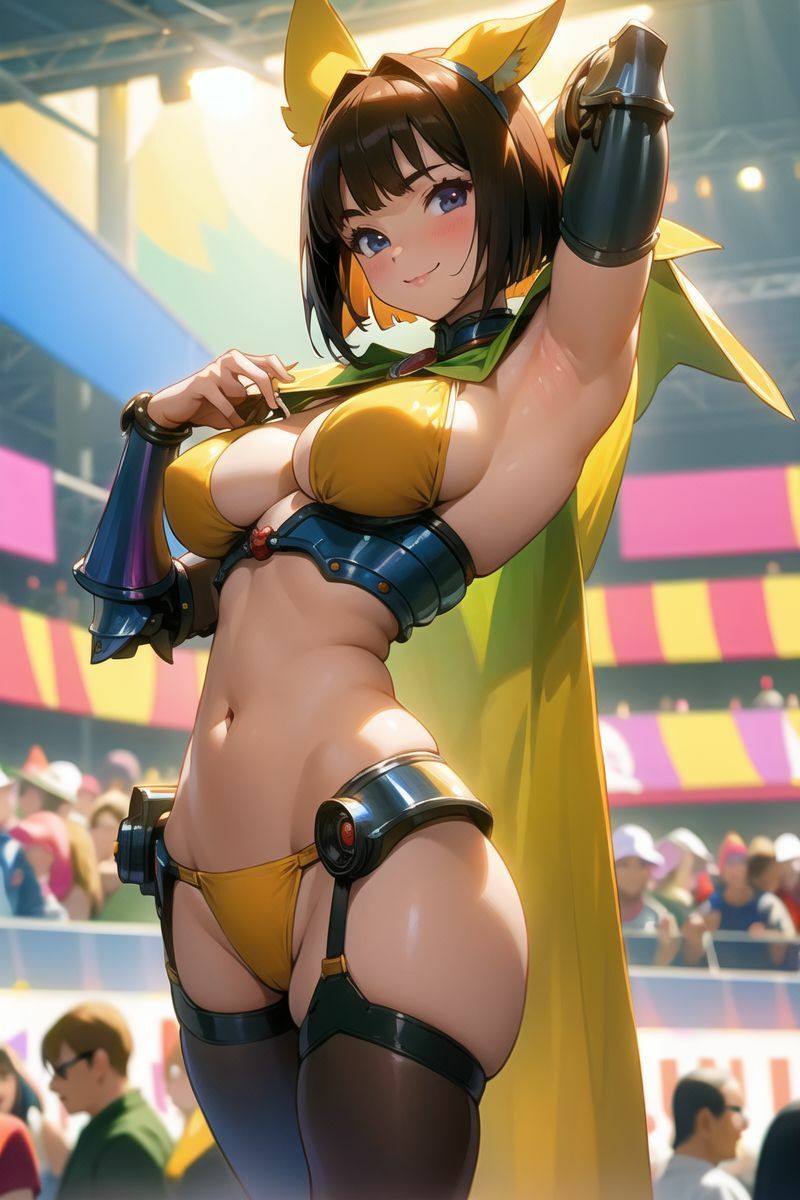 企業ブースで露出度高めの女戦士コス衣装を着て頑張るコスプレイヤー。