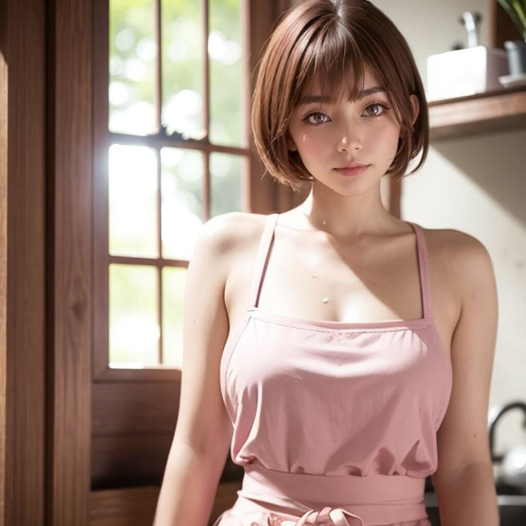 ショートカット巨乳美人若奥さまの裸エプロン写真