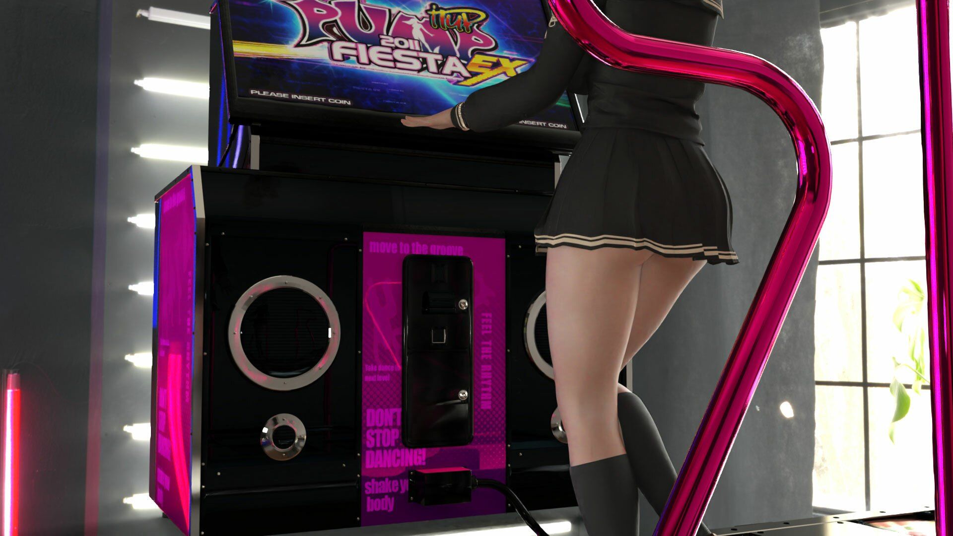 パンツパンツレボリューション!学校近くのゲーセンに寄ってダンスゲームに興じる廻里。ところがゲーム筐体に真下から隠しカメラが仕掛けられており、スカート内を盗撮される被害に遭う(PV04:サテン地水色シマシマパンティ)