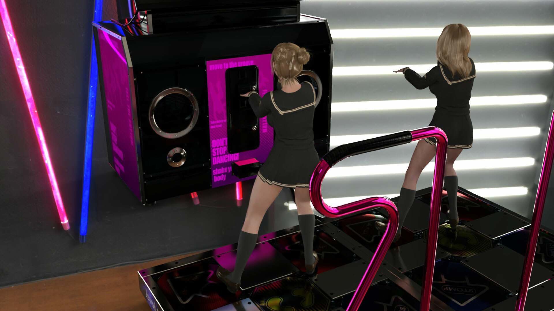 【▲100△100】パンツパンツレボリューション!学校近くのゲーセンに寄ってダンスゲームに興じる廻里と友梨。ところがゲーム筐体に真下から隠しカメラが仕掛けられており、ダブルでスカート内を盗撮される被害に遭う(PV04:廻里-ピンクハート柄&友梨-ピンクヒョウ柄パンティ)