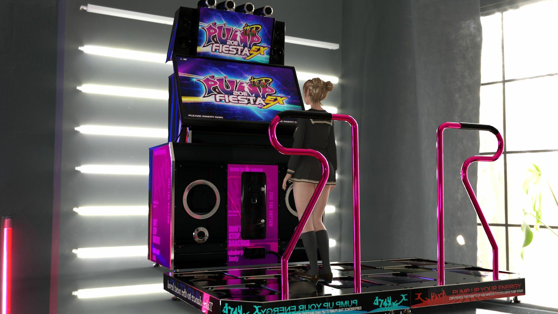 パンツパンツレボリューション！学校近くのゲーセンに寄ってダンスゲームに興じる廻里。ところがゲーム筐体に真下から隠しカメラが仕掛けられており、スカート内を盗撮される被害に遭う（PV06:サテン地ゼブラ柄パンティ）