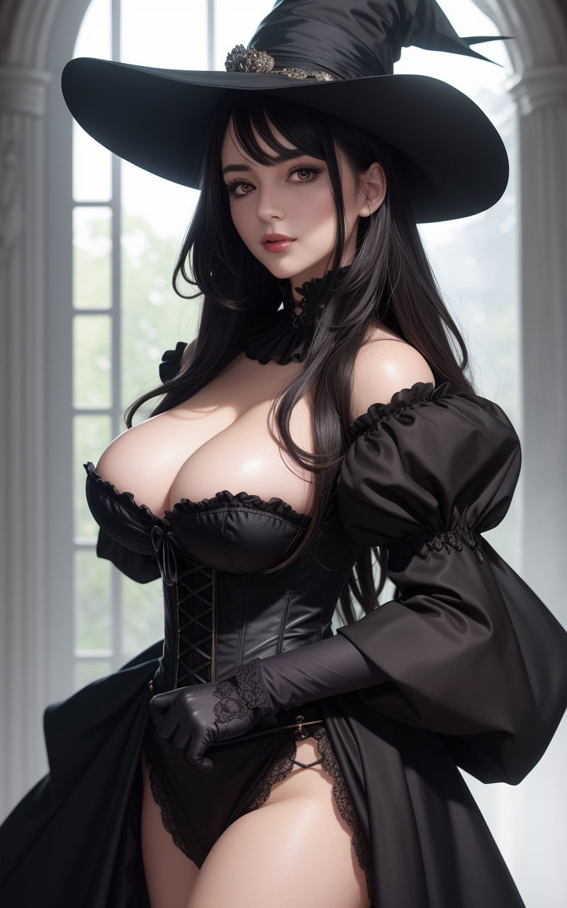 【AIグラビア巨乳美女写真集】Vol.5黒ロングの魔女さん