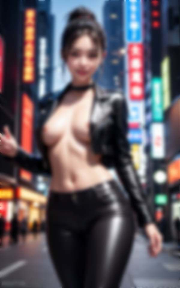 革ジャン美巨乳女子がネオン街で大胆露出