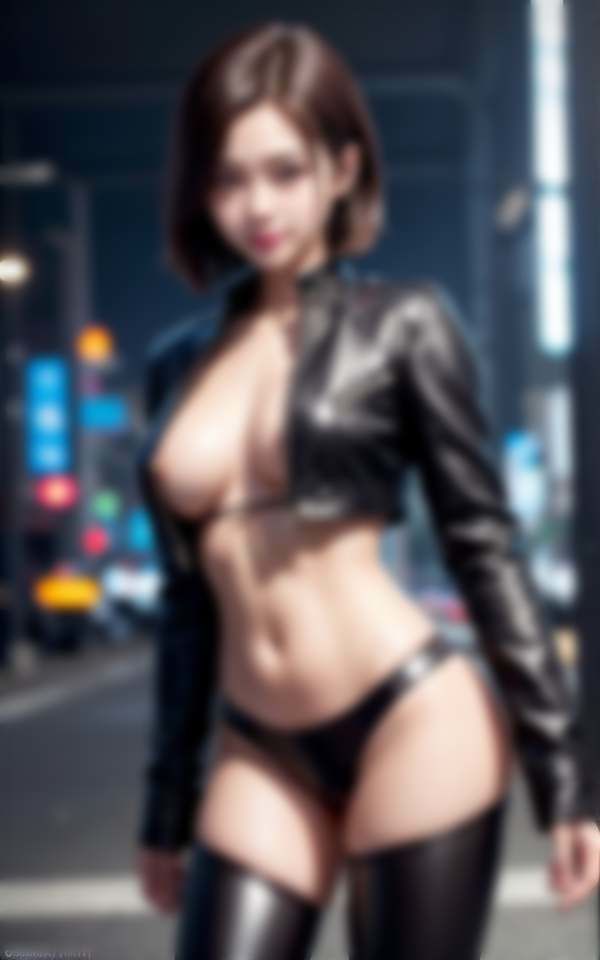革ジャン美巨乳女子がネオン街で大胆露出