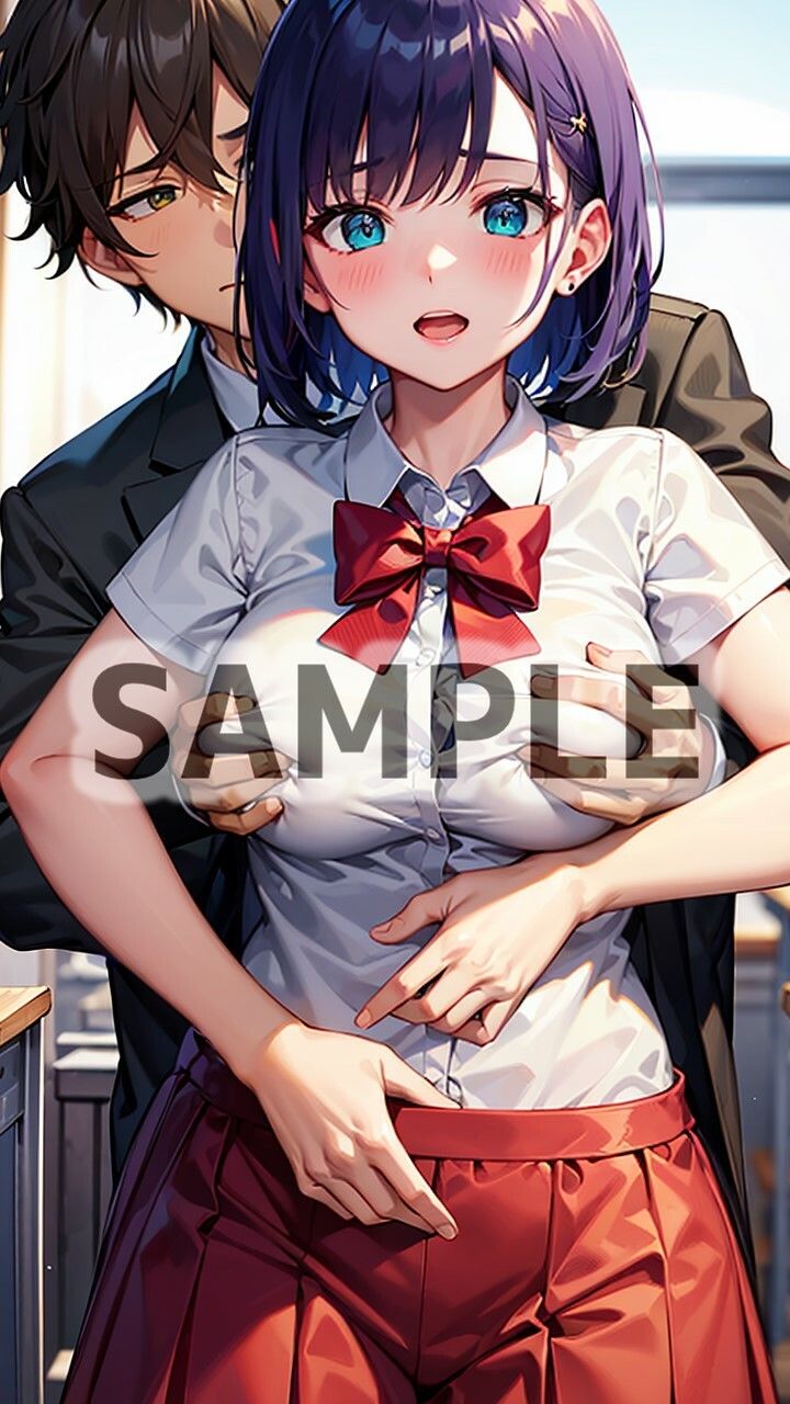 背後から胸を揉まれる制服女子