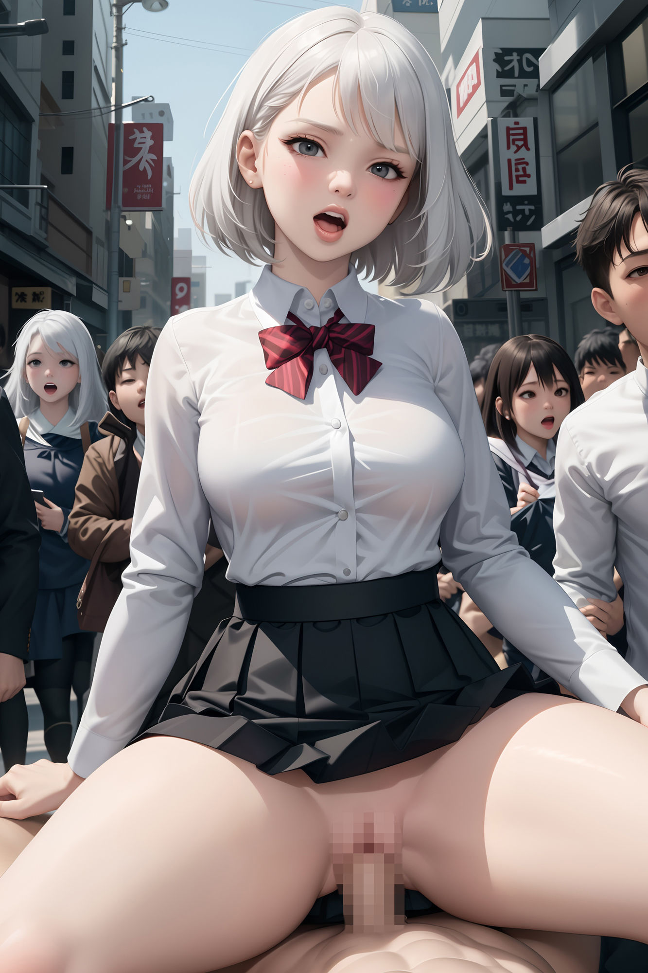 白髪の少女が街でセックスをし、人ごみを誘う