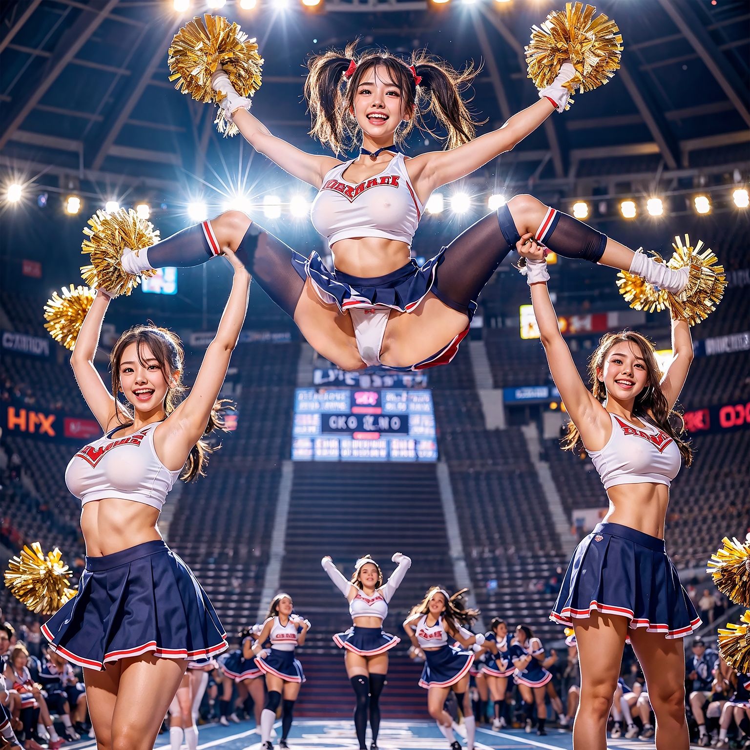 チアガール奇跡の大開脚！！アンスコ履き忘れてパンティにシミ！！超高画質で股間のハミ毛確認！尿意を我慢出来ずに大量放尿！！