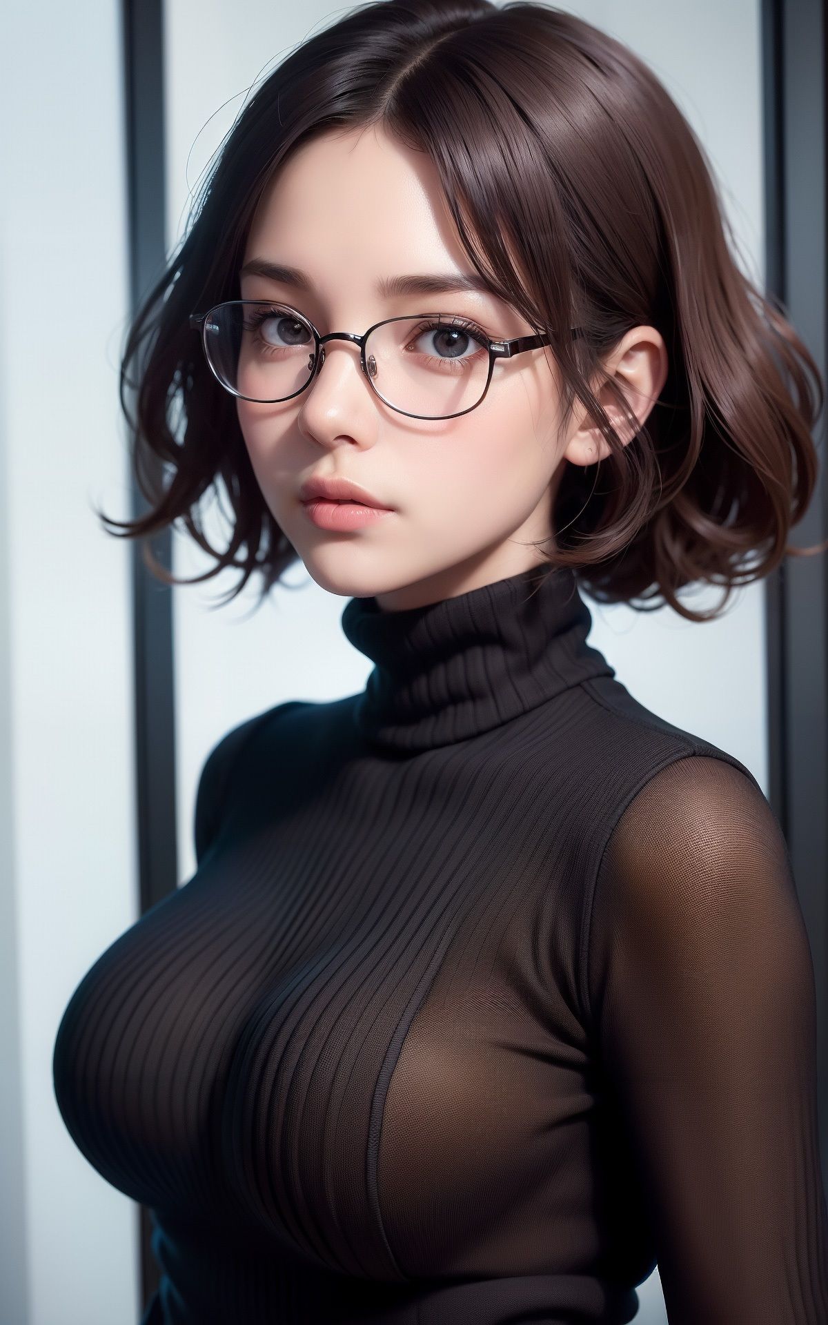 デカ乳タートルネックのメガネちゃん AI生成ヌードグラビアCG集