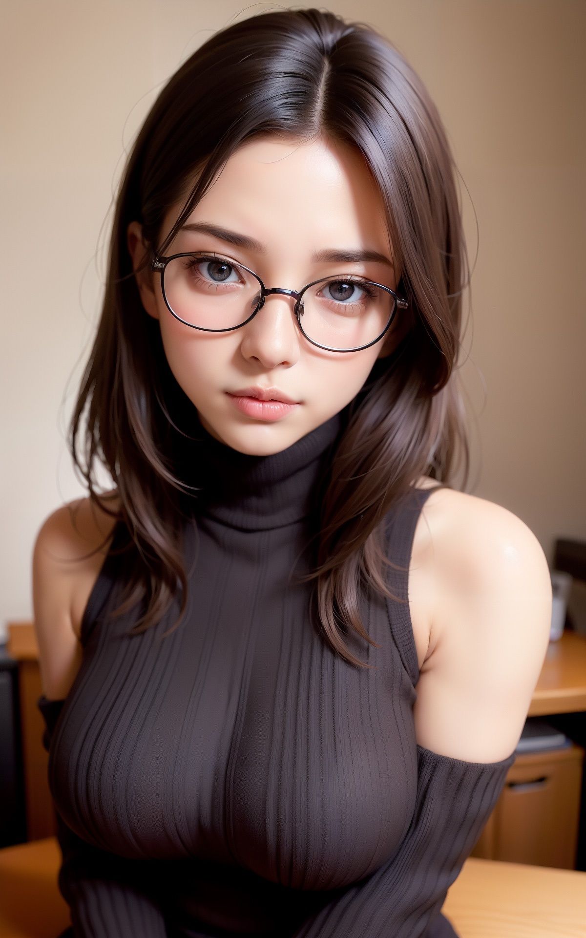 デカ乳タートルネックのメガネちゃん AI生成ヌードグラビアCG集