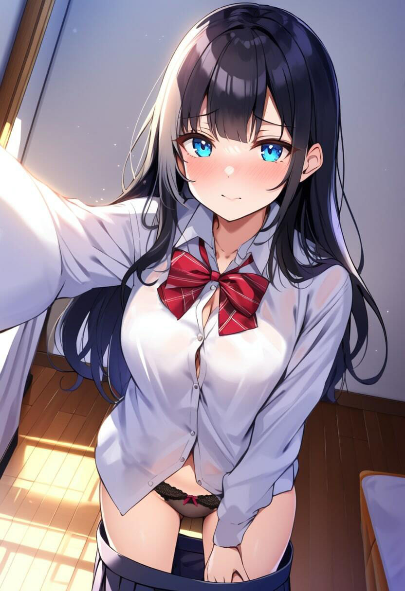 エロ自撮りで恥ずかしがる黒髪清楚系・制服たくしあげ&パンチラ&下着姿