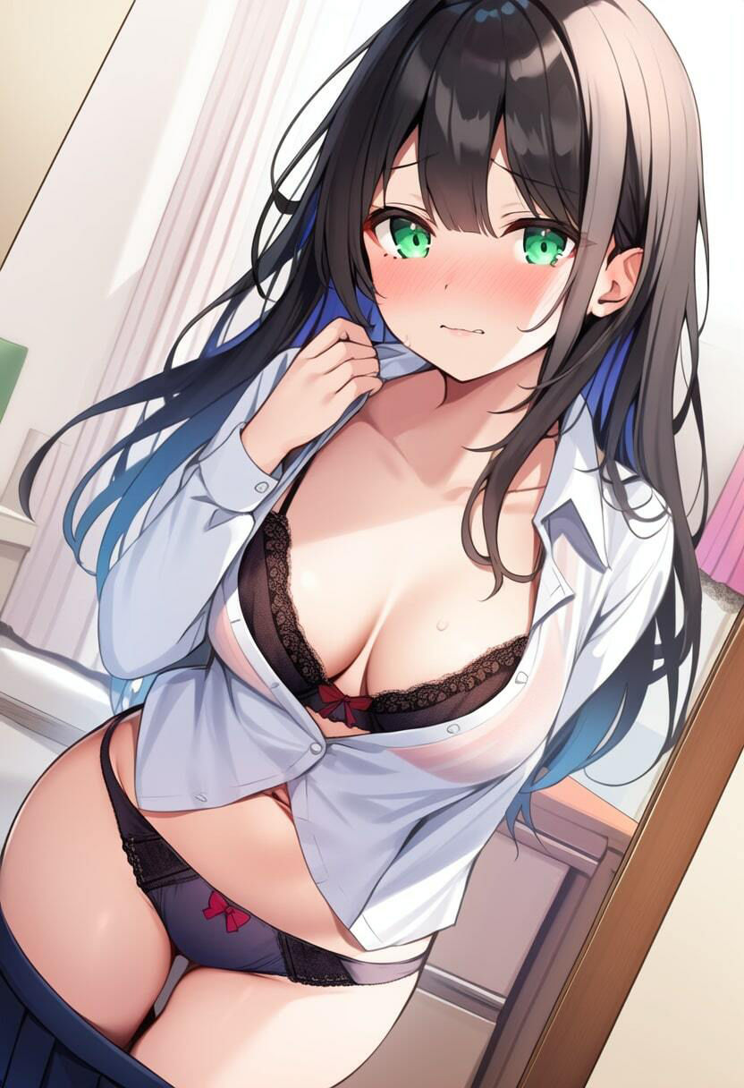 エロ自撮りで恥ずかしがる黒髪清楚系・制服たくしあげ&パンチラ&下着姿
