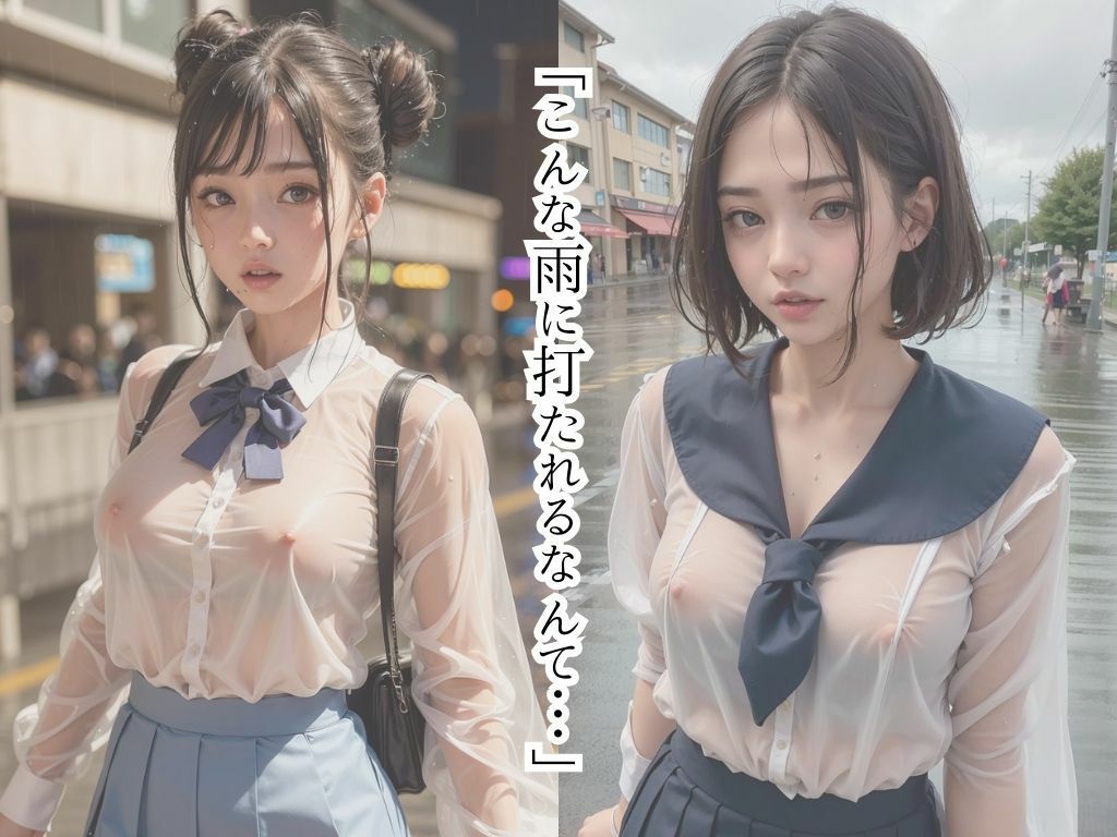 ノーブラの日ににわか雨に打たれた女子校生