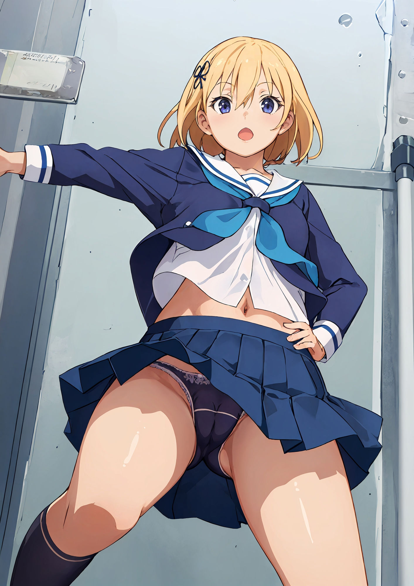 正面から見上げる制服少女のマンスジおパンツ