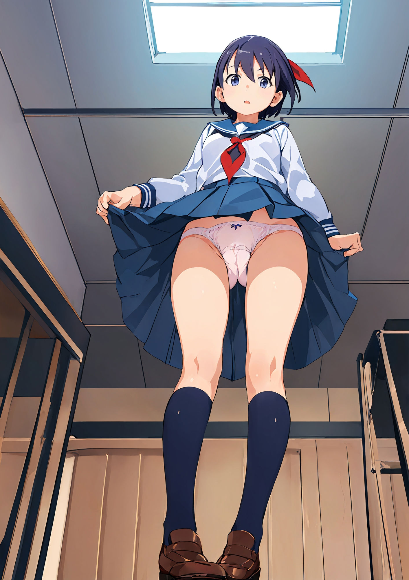 正面から見上げる制服少女のマンスジおパンツ
