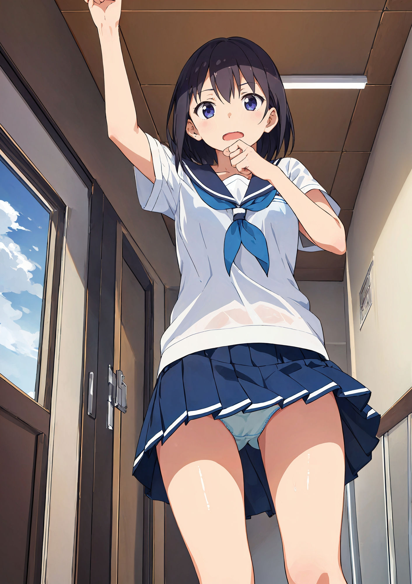 正面から見上げる制服少女のマンスジおパンツ