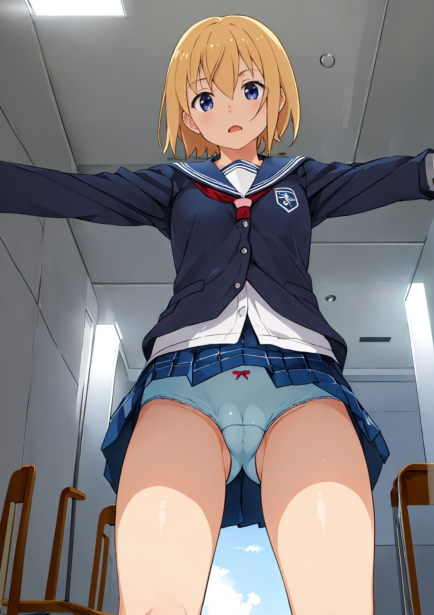正面から見上げる制服少女のマンスジおパンツ