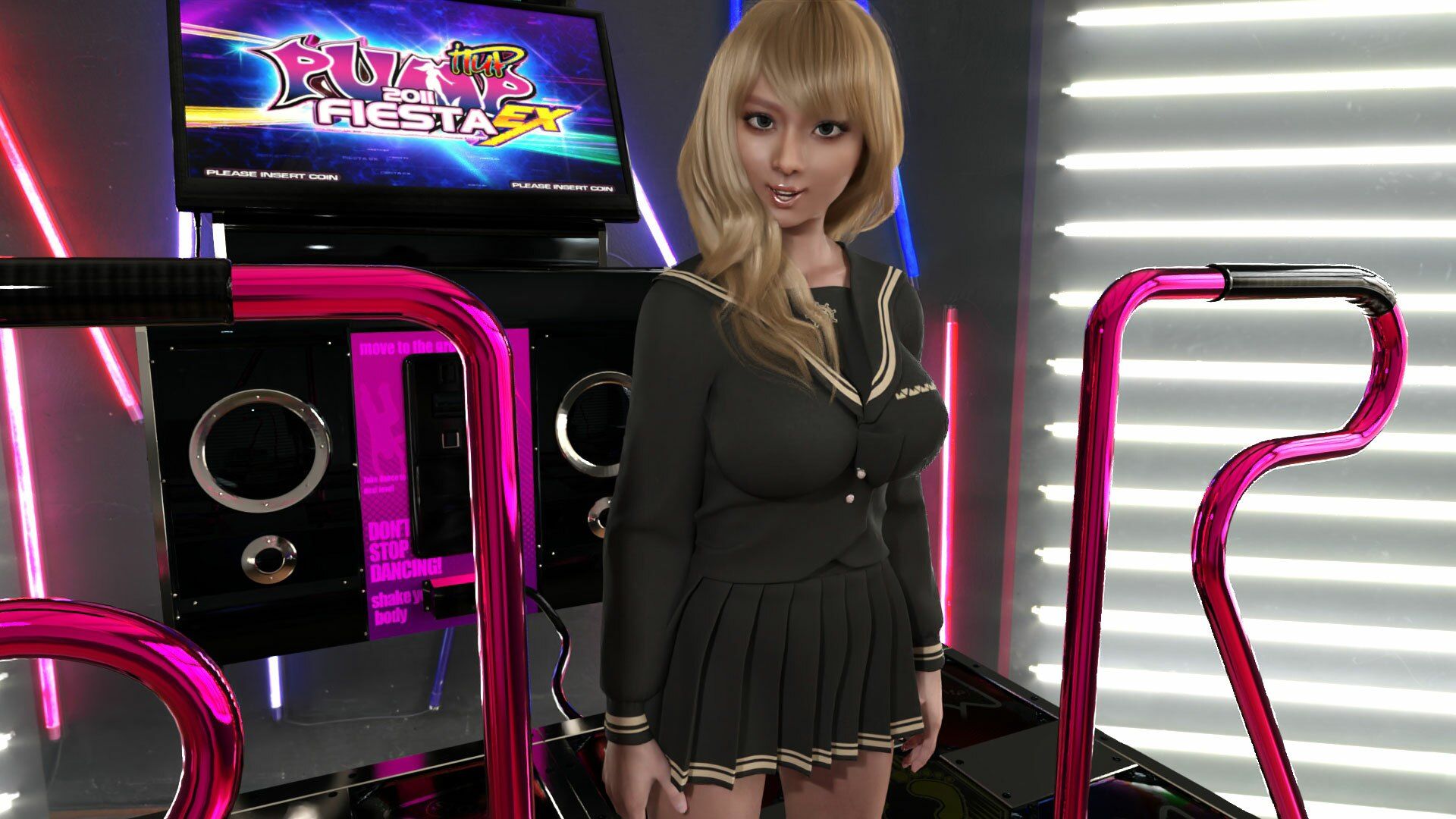 【▲100△100】パンツパンツレボリューション！学校近くのゲーセンに寄ってダンスゲームに興じる廻里と友梨。ところがゲーム筐体に真下から隠しカメラが仕掛けられており、ダブルでスカート内を盗撮される被害に遭う（PV08:廻里-純白＆友梨-黒ピンクパンティ）