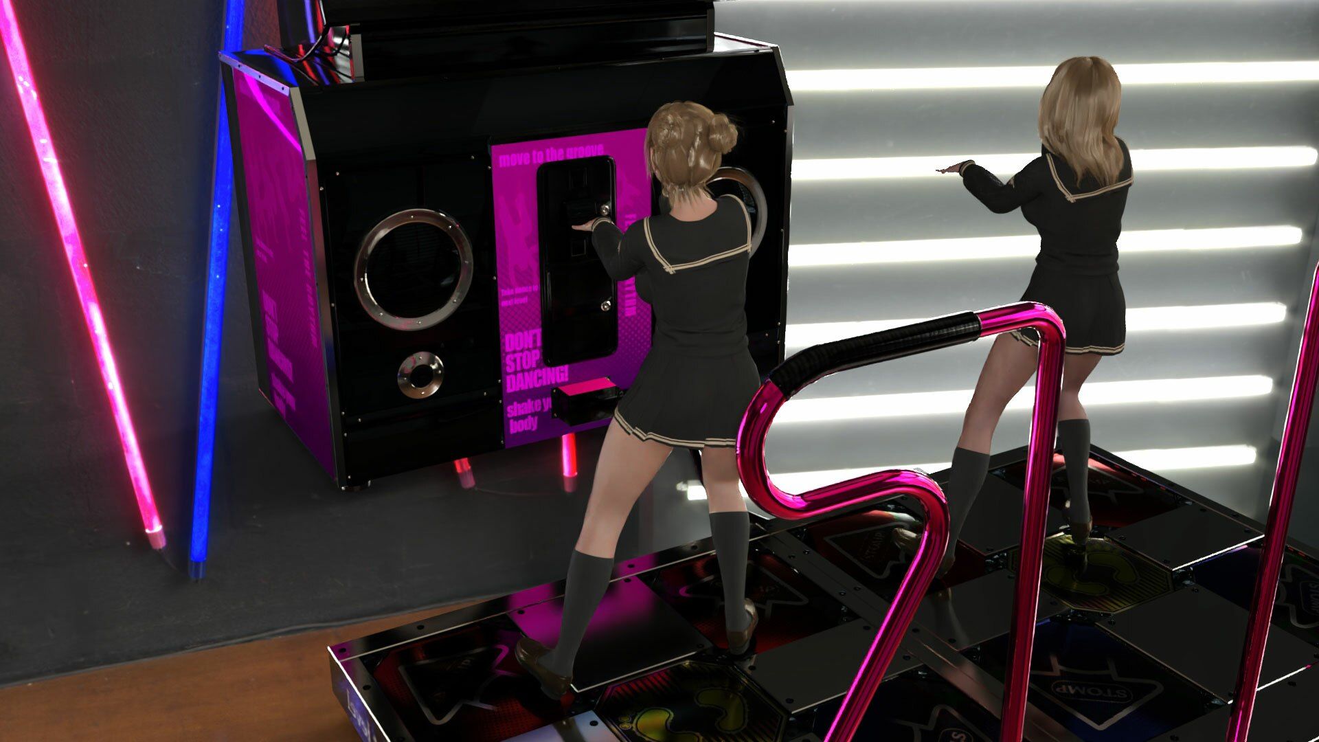 【▲100△100】パンツパンツレボリューション!学校近くのゲーセンに寄ってダンスゲームに興じる廻里と友梨。ところがゲーム筐体に真下から隠しカメラが仕掛けられており、ダブルでスカート内を盗撮される被害に遭う(PV10:廻里-紫Tバック&友梨-水色Tバックパンティ)