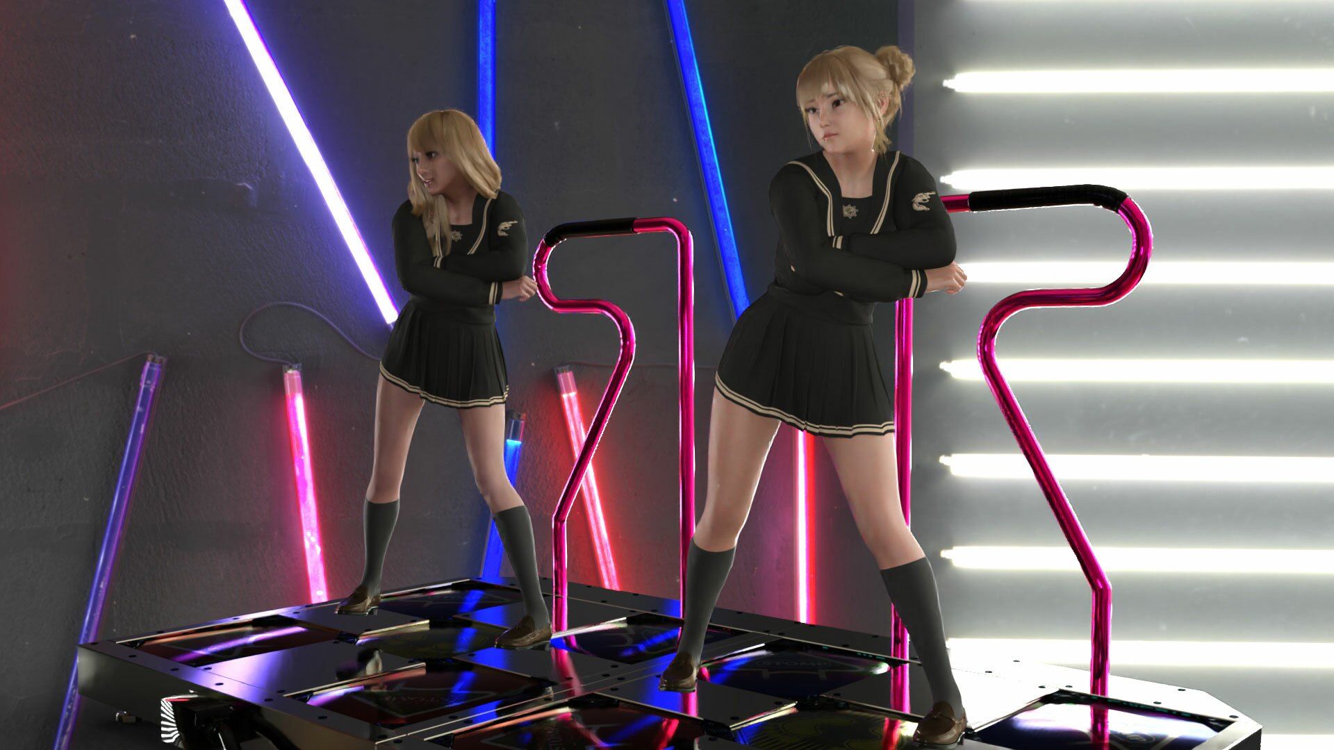 【▲100△100】パンツパンツレボリューション!学校近くのゲーセンに寄ってダンスゲームに興じる廻里と友梨。ところがゲーム筐体に真下から隠しカメラが仕掛けられており、ダブルでスカート内を盗撮される被害に遭う(PV10:廻里-紫Tバック&友梨-水色Tバックパンティ)