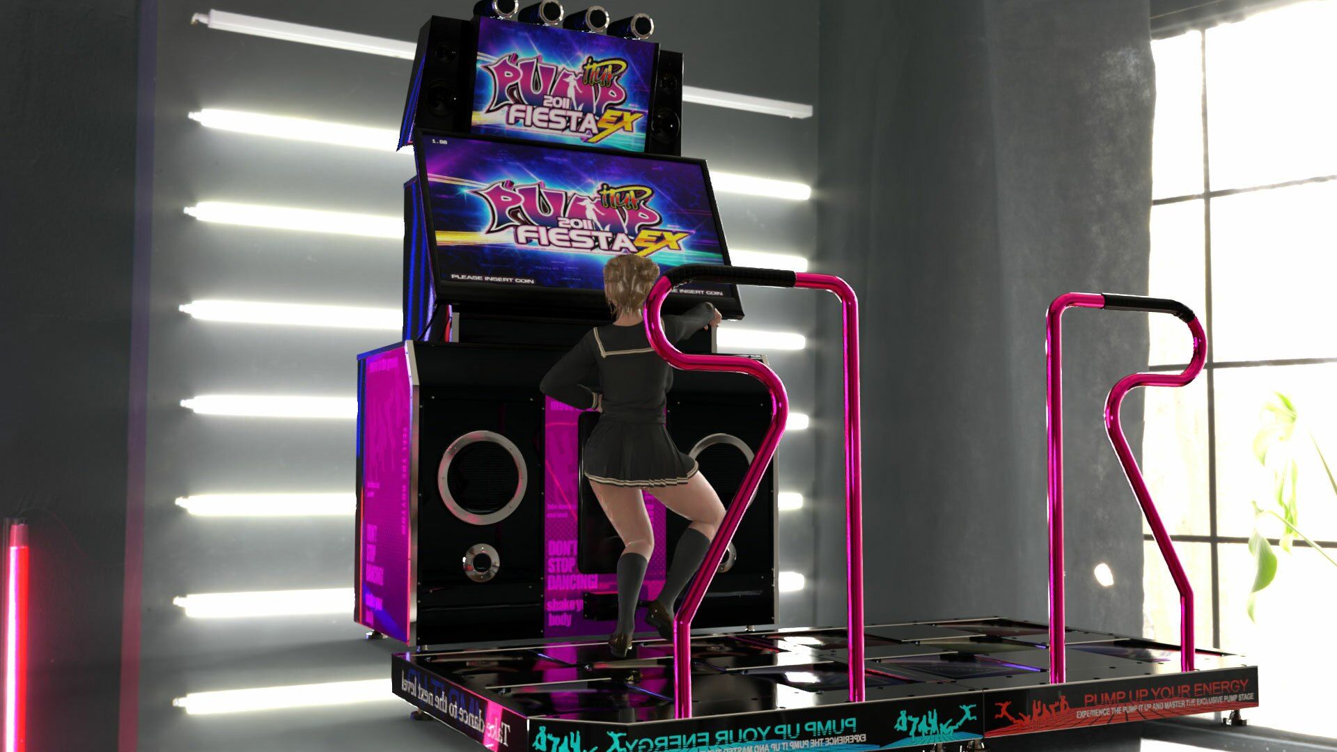 パンツパンツレボリューション！学校近くのゲーセンに寄ってダンスゲームに興じる廻里。ところがゲーム筐体に真下から隠しカメラが仕掛けられており、スカート内を盗撮される被害に遭う（PV07:チェック柄パンティ）