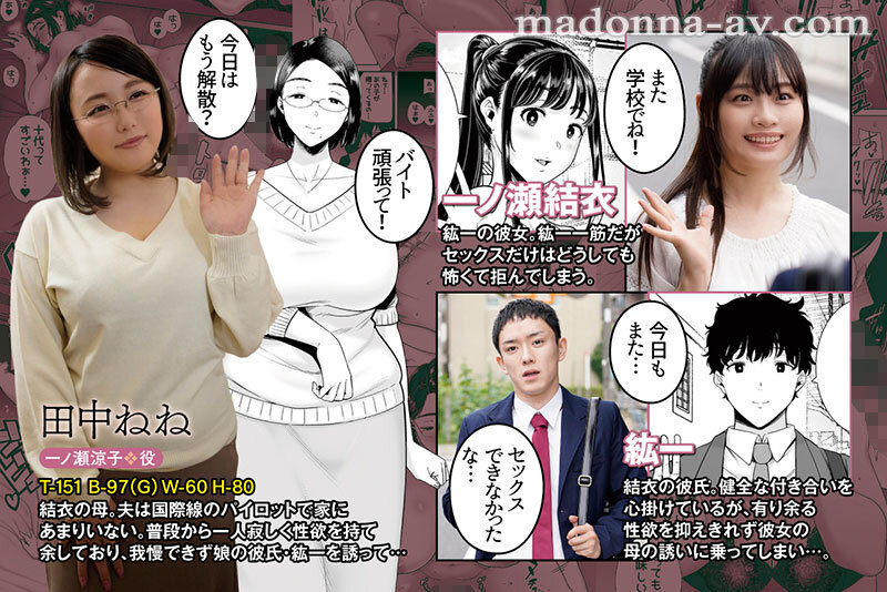 原作:黒巣ガタリ かのまましんどろーむ 娘の彼氏をこっそり寝取り!!大人気同人サークル「DOLLPLAY」が描く彼女の母の肉感ボディが魅せる妖艶な痴態をマドンナで忠実実写化!! 田中ねね