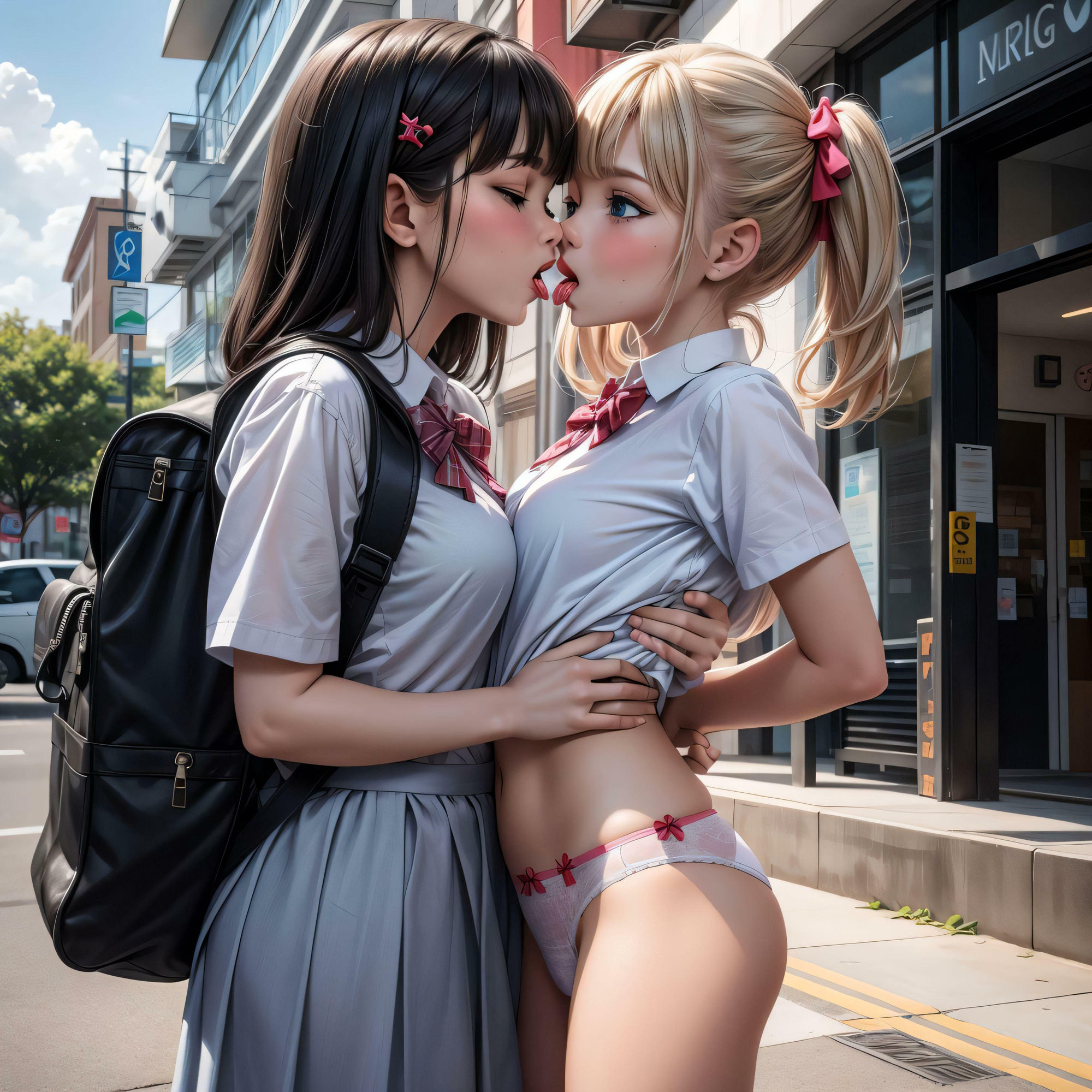 百合カップル路上イチャイチャ