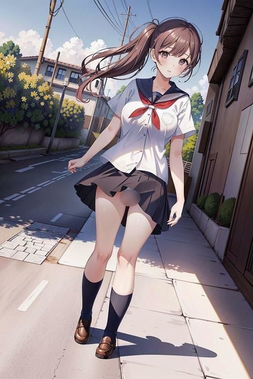 制服女子の風チラ