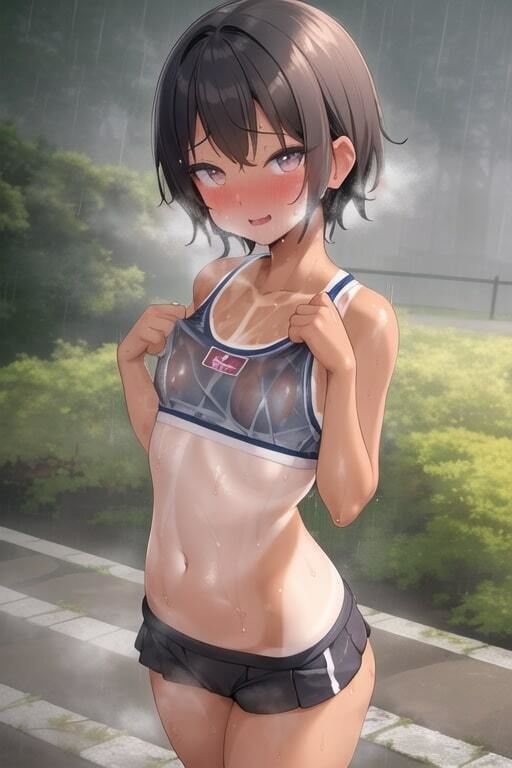 雨濡れ陸上女子