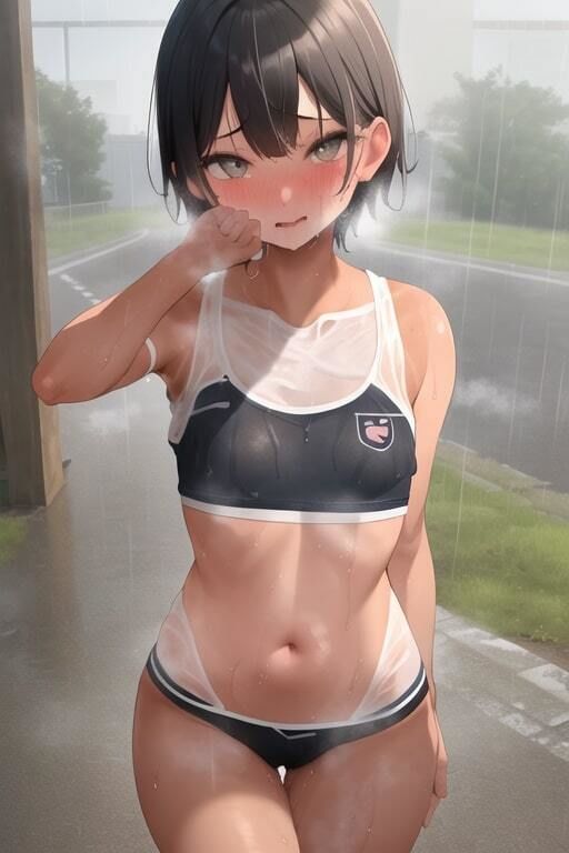 雨濡れ陸上女子