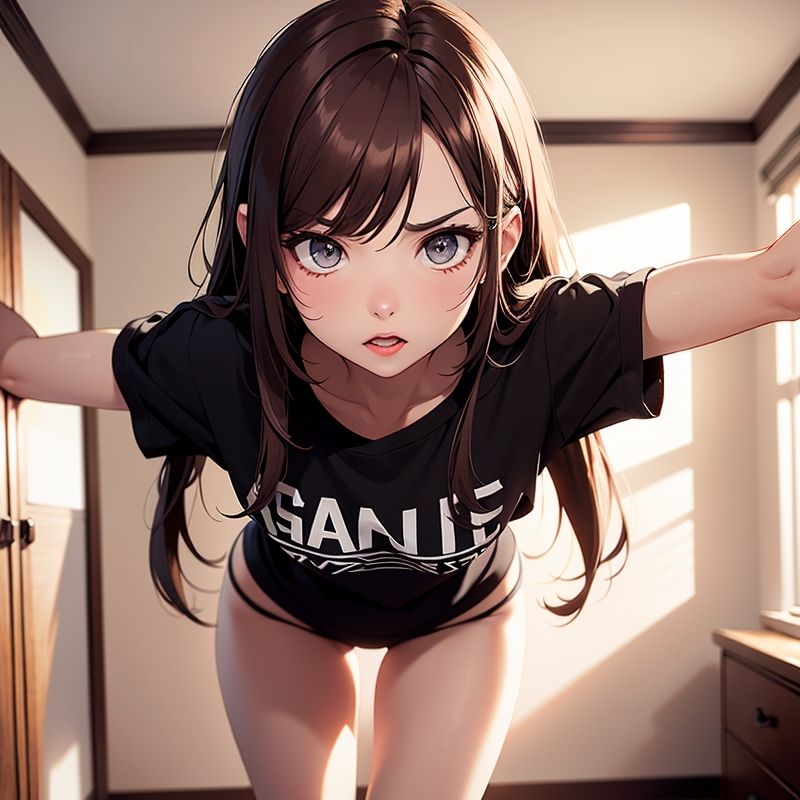 Tシャツとパンティ姿で家にいる不機嫌な妹