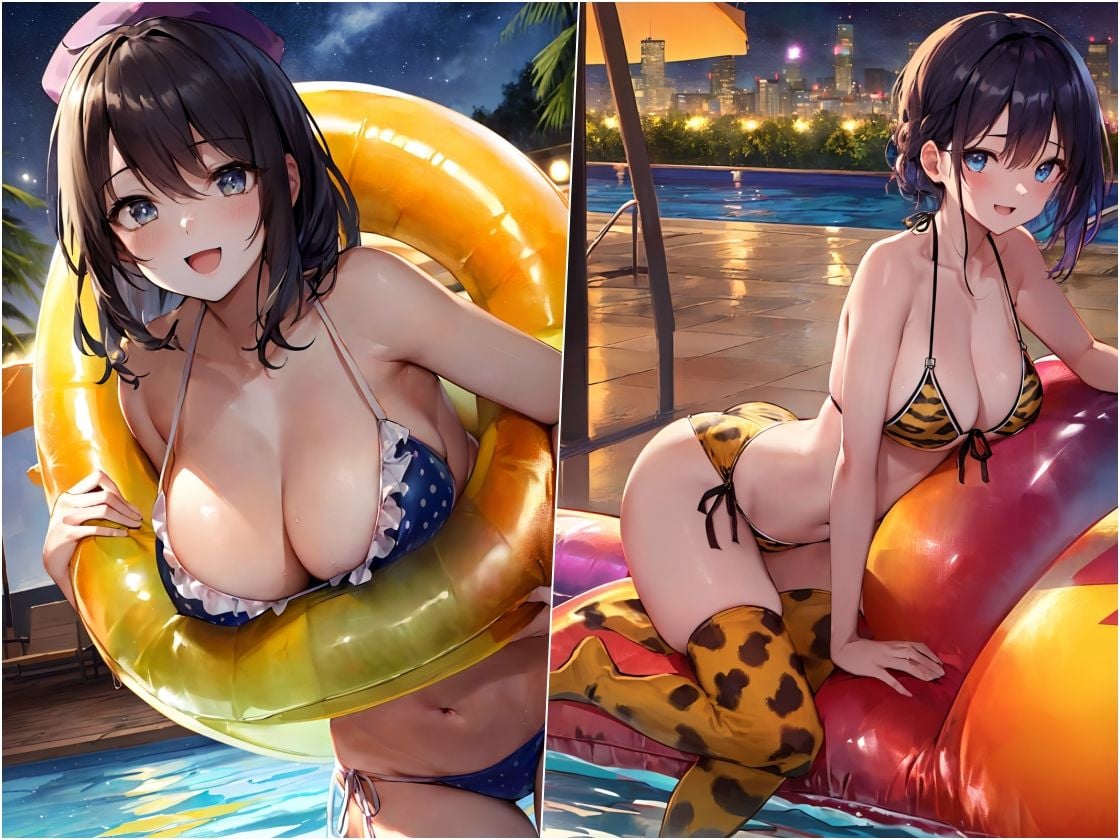 水着のお姉さん、ナイトプールで