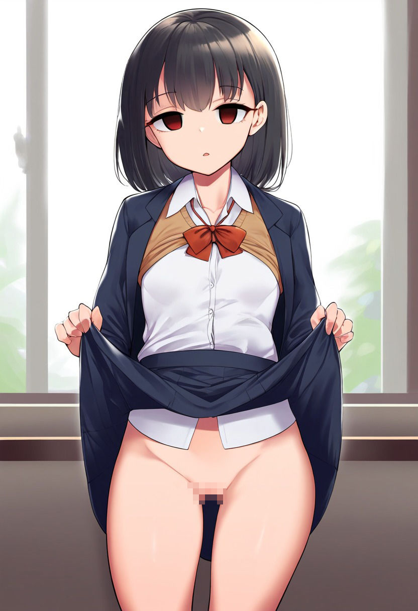 制服の女の子が催●にかかってスカートをたくし上げている画像
