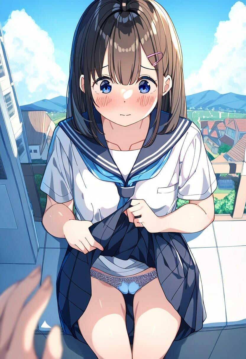 美少女JKが街中で恥ずかしそうにたくし上げしてパンチラ！