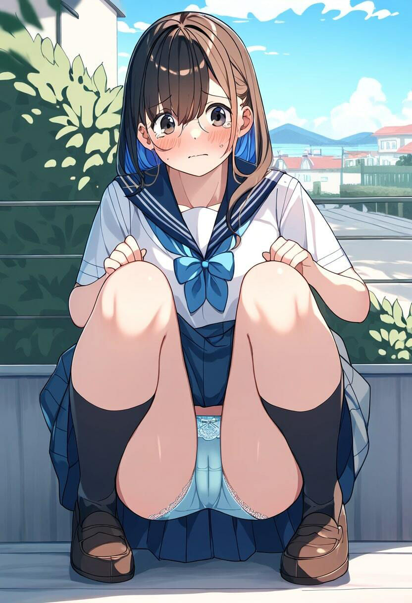 美少女JKが街中で恥ずかしそうにたくし上げしてパンチラ！